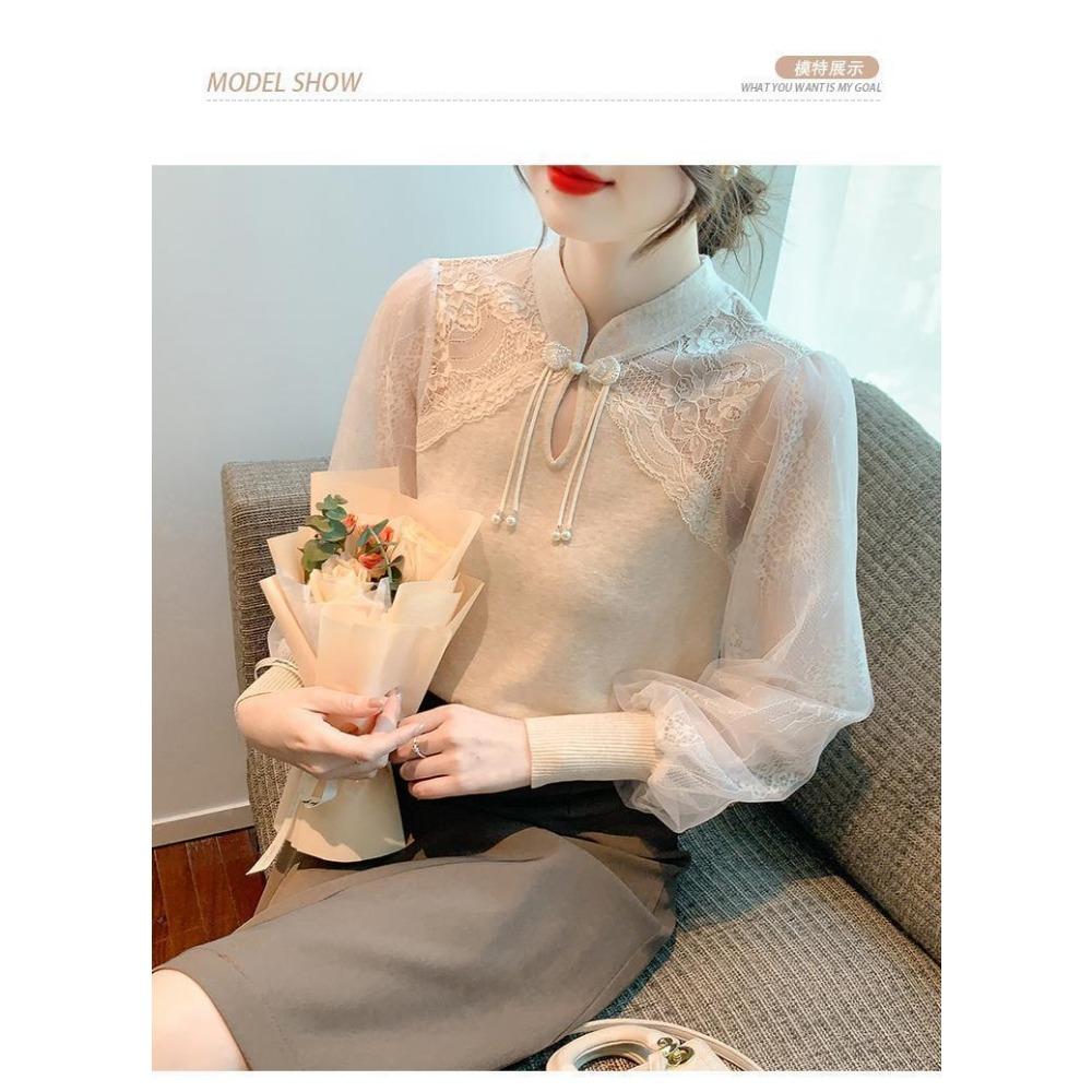 

Женская винтажная футболка в китайском стиле, сексуальная прозрачная сетка, кружевная вставка, шикарная, женская, черная, элегантная, модная, с длинным рукавом, облегающая, топы 3XL бежевый