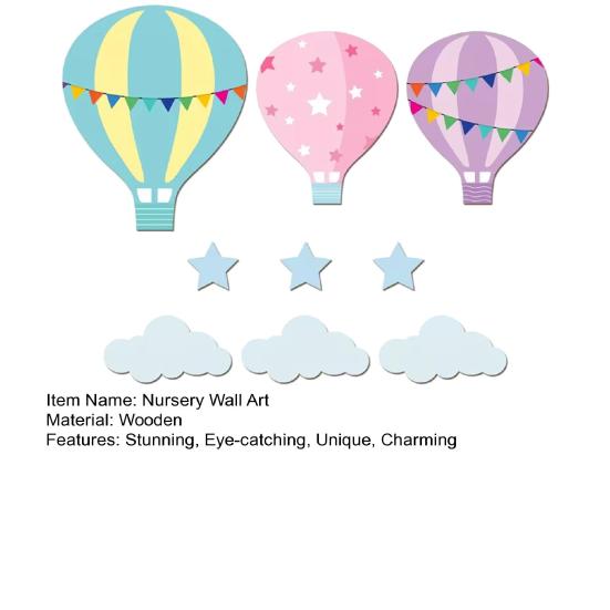 9 Pcs Hot Air Balloon Nursery Wall Decor Boho Wooden Baby Shower Wall Sign Hot Air Balloons Stars Clouds Sculptures for Bedroom Classroom Playroom