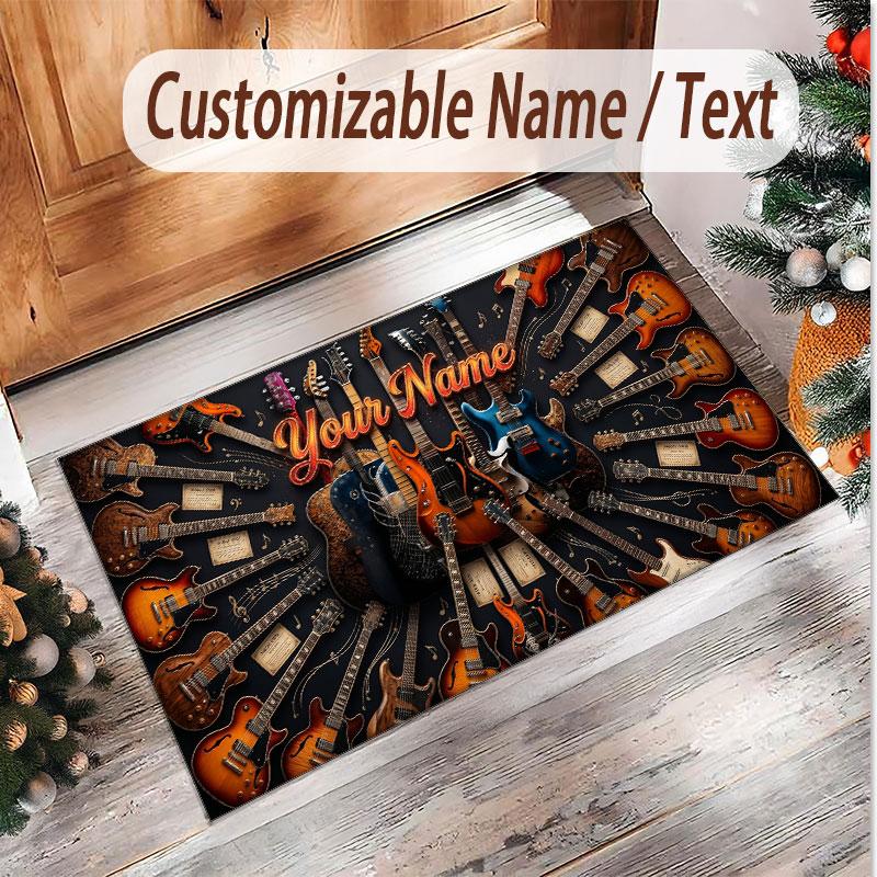 Music Guitar Theme Soft Crystal Velvet Rug Custom Name & Text Print Non Slip Floor Rug for Bedroom Living Room