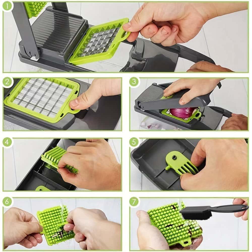 Multifunktionale Gemüsereibe, Manuelle Lebensmittelreibe, Obstschneider, Gemüseschneider, Schneider mit Behälter, Reinigungsbürste und 8 Klingen