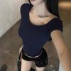 Navy Blue Slanted Shoulder Cotton Short-sleeved T-shirt Women's Summer Design Sense Slim-fitting Off-the-shoulder Short Bottoming Shirt Top