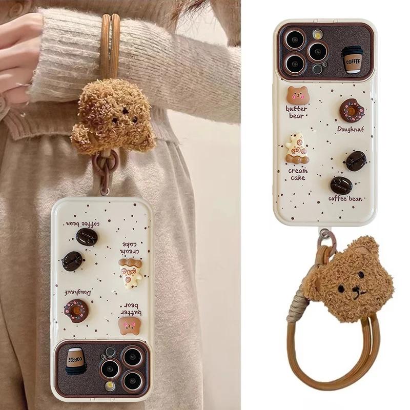 Wrist Chain Lanyard Phone Case for iPhone 16 17 15 14 13 12 11 Pro Max Plus 3D Cartoon Bear Sweet Soft Silicone Shockproof Cover