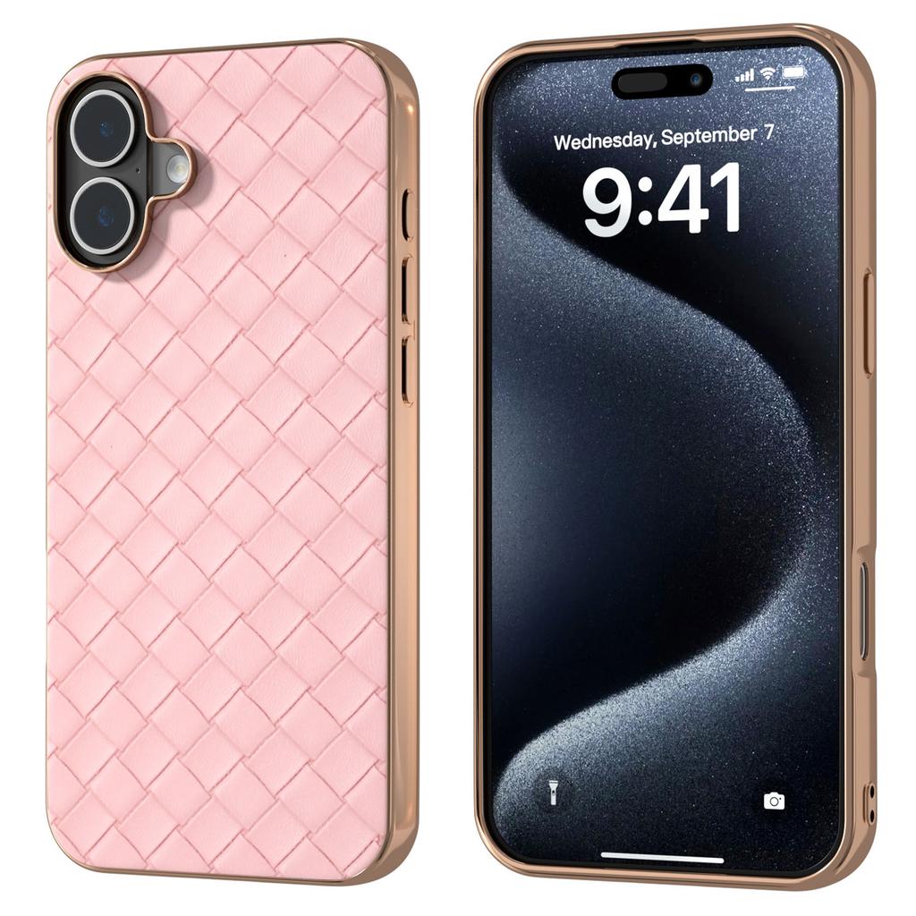 For iPhone 16 Plus Case Woven Texture Electroplating Edge Leather Coated PC+TPU Phone Cover