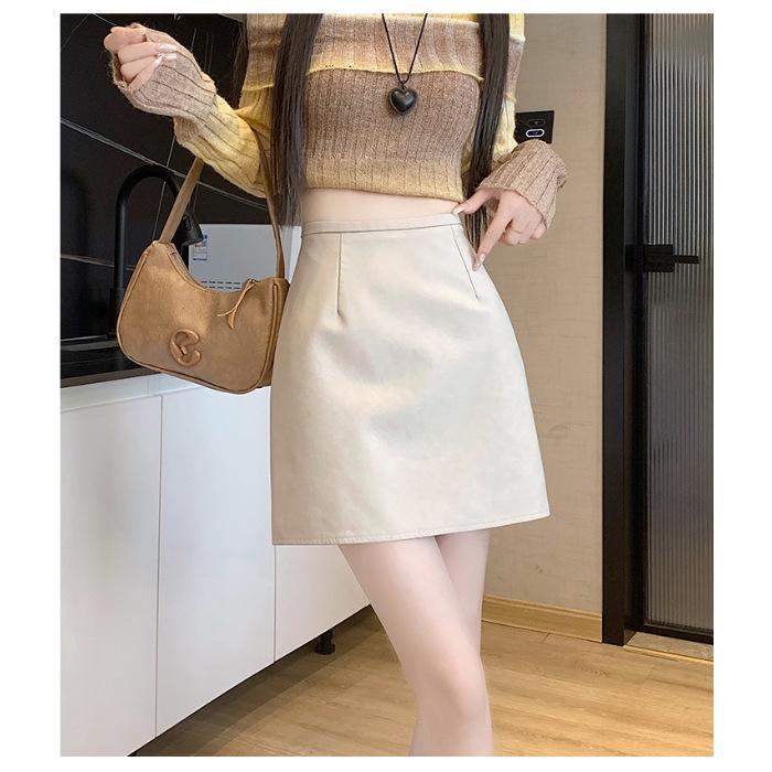 Women's Matte PU Leather Mini Skirt, High Waist A-Line, Slim Fit, Anti-Exposure, Autumn/Winter 2026 Style