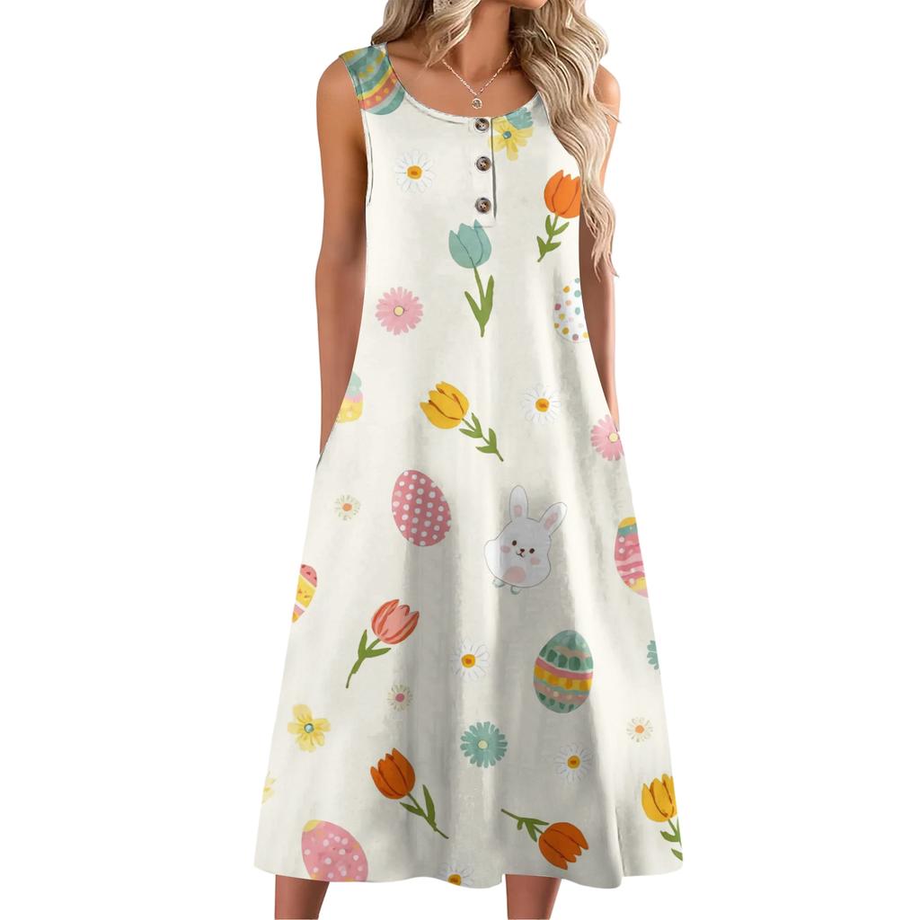Dámské módní ležérní bezrukávové knoflíkové velikonoční potisk šaty s kapsou