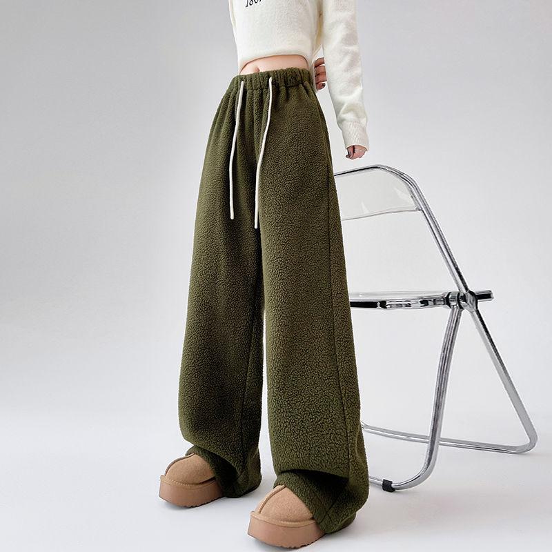 

Теплые широкие брюки из искусственной овечьей шерсти для женщин, зимние шикарные толстые спортивные брюки на шнурке для женщин, однотонные свободные спортивные брюки с высокой талией, новые 2XL темно-зеленого