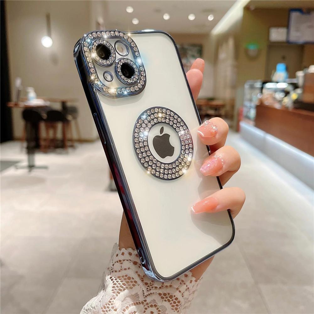 Luxury Plating Flash Diamond Glitter Phone Case For iPhone 11 12 13 15 16 Pro Max 14 Plus Hollow Rhinestone Soft Silicone Cover