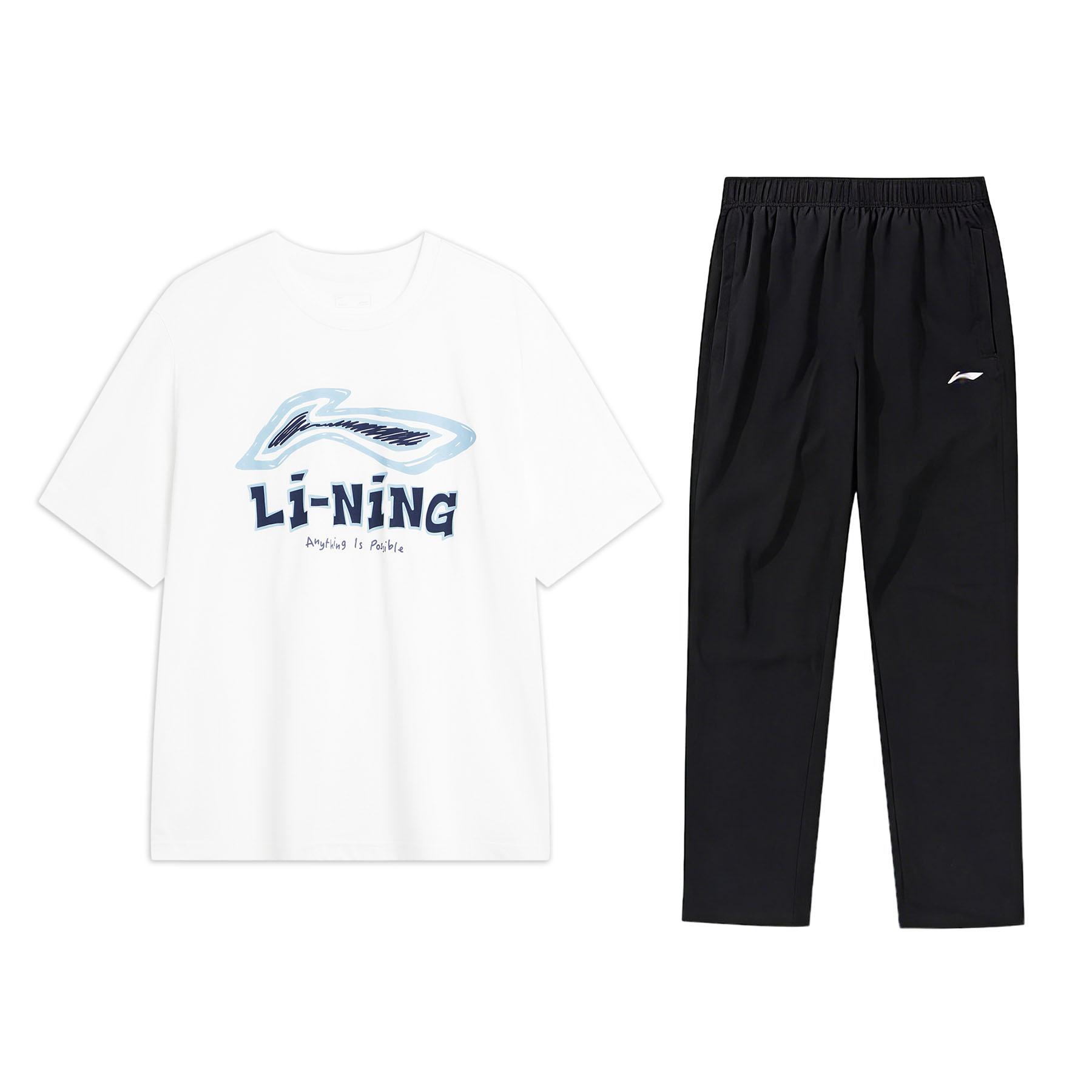 

Li Ning футболка с принтом и круглым вырезом, короткий рукав, быстросохнущая, дышащая, свободные длинные брюки, повседневный спортивный костюм, мужские комплекты AHSU711-2+AYKU703-1