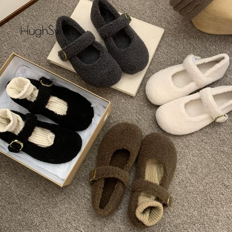 Fashion Elegant Round Toe Lambswool Ballet Flats Woman Winter Warm Plush Loafers Ladies Brand Design Teddy Fur Mary Jane Shoes In Grey