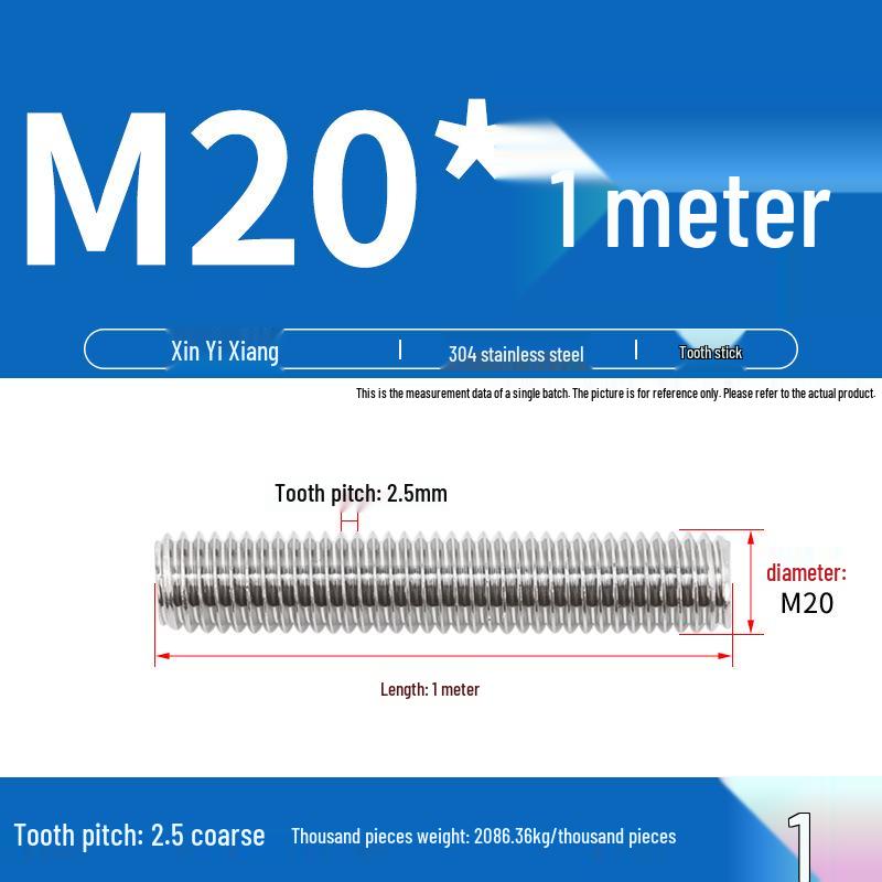 304 Stainless Steel Full Threaded Rod, 1 Meter, available in sizes M3, M6, M8, M10, M12.