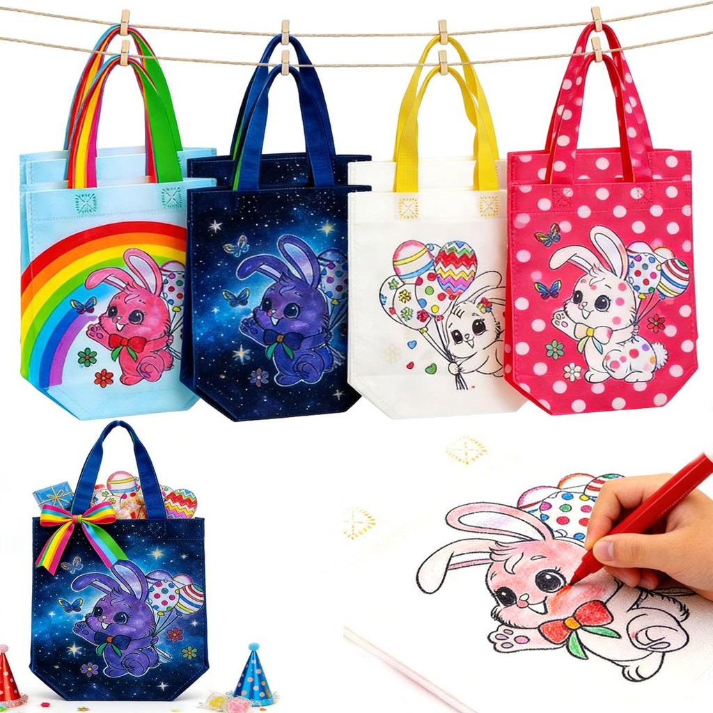 10Pcs Easter Non-Woven Graffiti Bags Double-Sided Egg & Rabbit DIY Painting Handbags for Mother's Day Easter Party Gifts ZSY