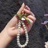 Fashion Bell Orchid Pendant Keychain Pretty Pearl Strap Key Ring Green Ribbon Bow Key Chain  Girl