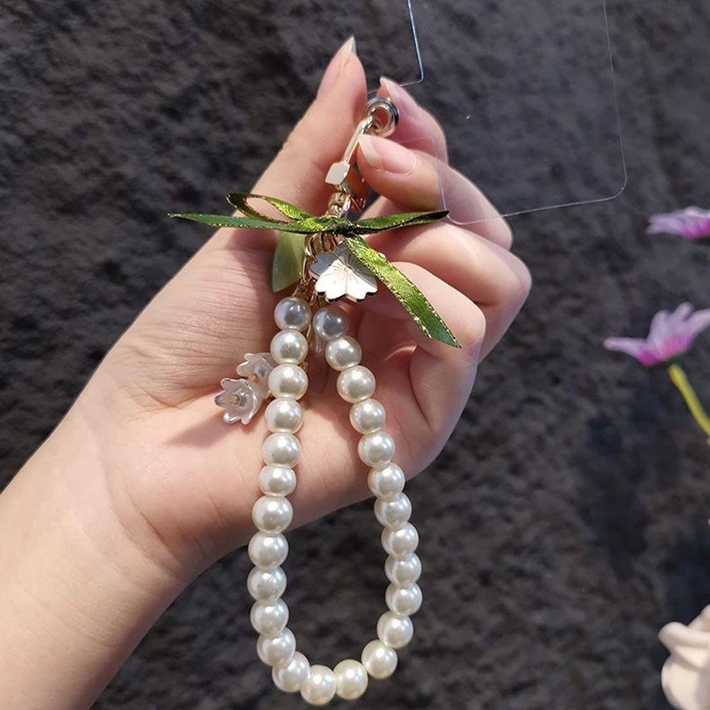 Fashion Bell Orchid Pendant Keychain Pretty Pearl Strap Key Ring Green Ribbon Bow Key Chain  Girl