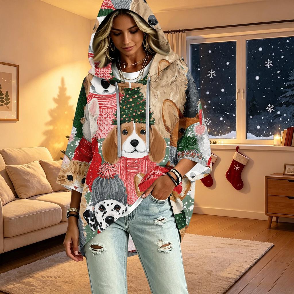 Women's 3/4 Sleeve Christmas Print Hooded Pullover Top Casual Holiday Outfit