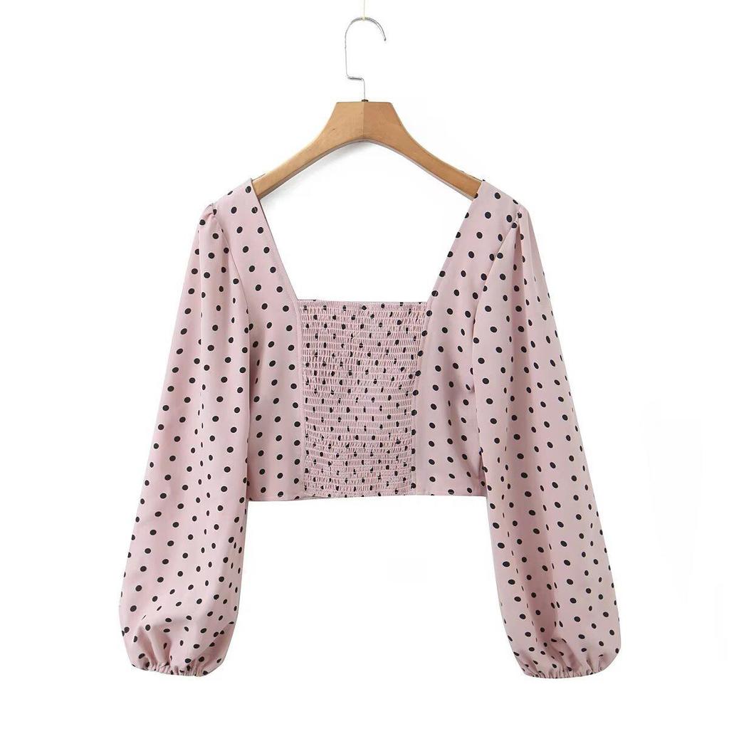 2025 Fashionable Women's French Chic Polka Dot Square Neck Top with Puff Sleeves