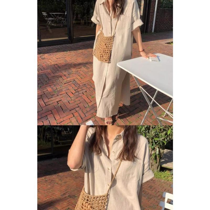 Shirtdress Women's Summer Simple Long Short Sleeve Dress Over The Knee