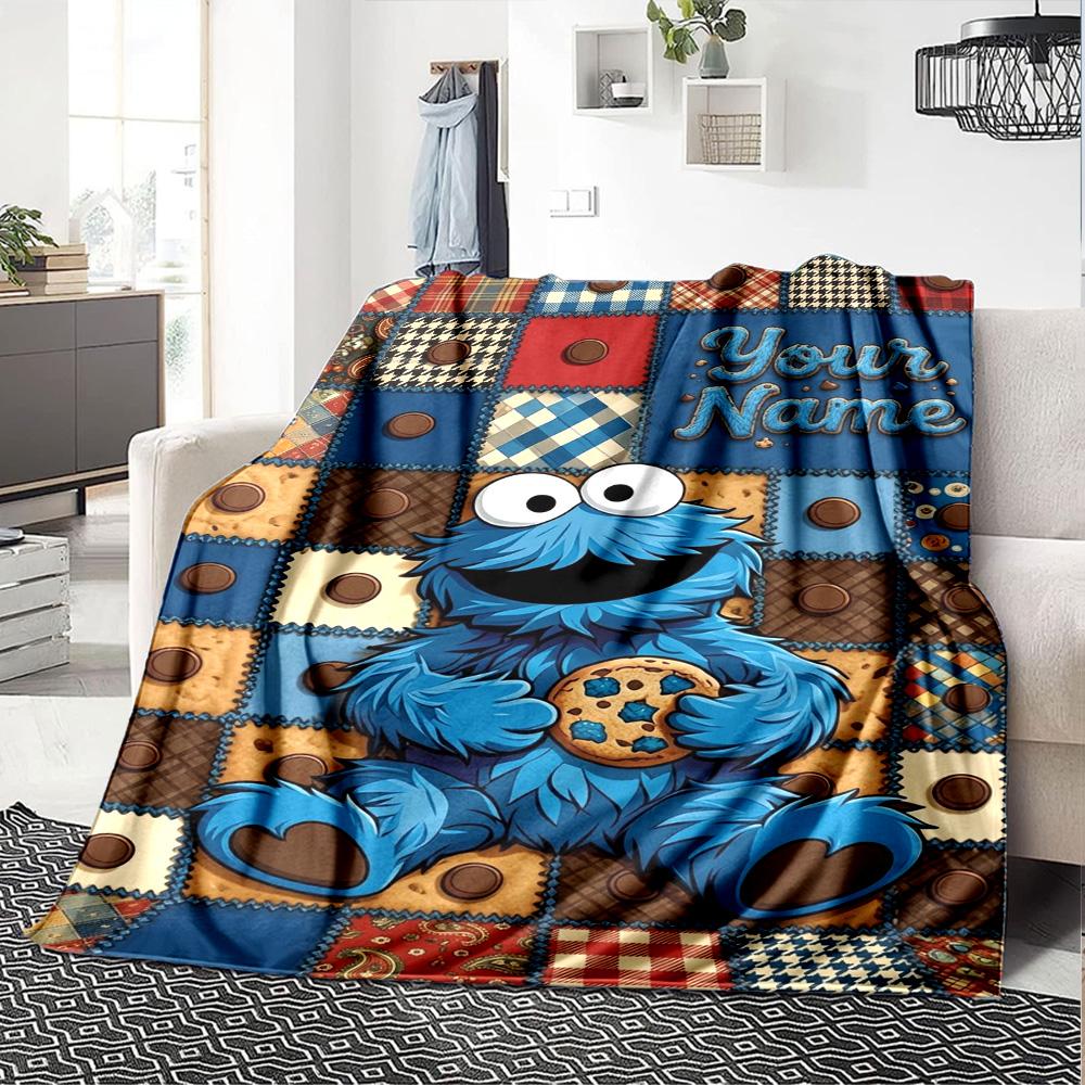 Name Custom Cookie Monster Cartoon Print Flannel Blanket High Quality Warm Comfortable Cover for All Seasons Perfect for Gifts Home Decor