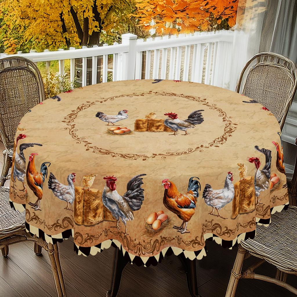 1 Piece Farm Style Chicken Round Tablecloth, 5 Sizes Available, Farmhouse Style Retro Chicken Pattern Printed Tablecloth, Edge Embossing Process, Cour