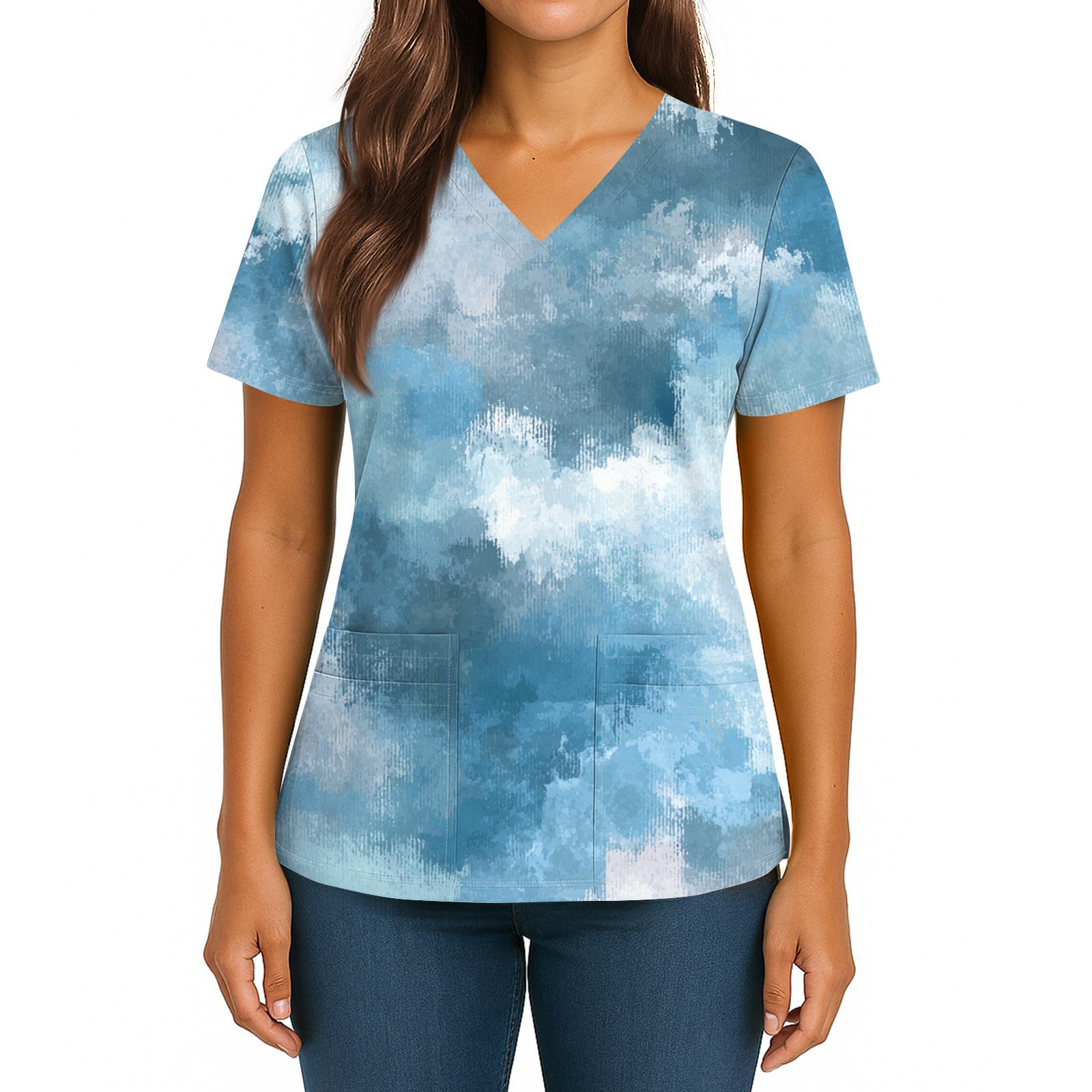 

Women s Gradient Print V-Neck Double Pocket Short Sleeves Hem Slit Uniform Caregiver Top XXL