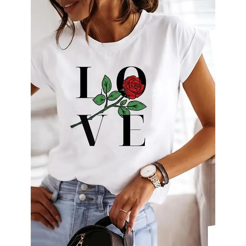 Love Style Trend Cute 90s Harajuku Women Print Ladies T-shirt Casual Basics O-collar Black Shirt Short Sleeve Ladies T-shirts