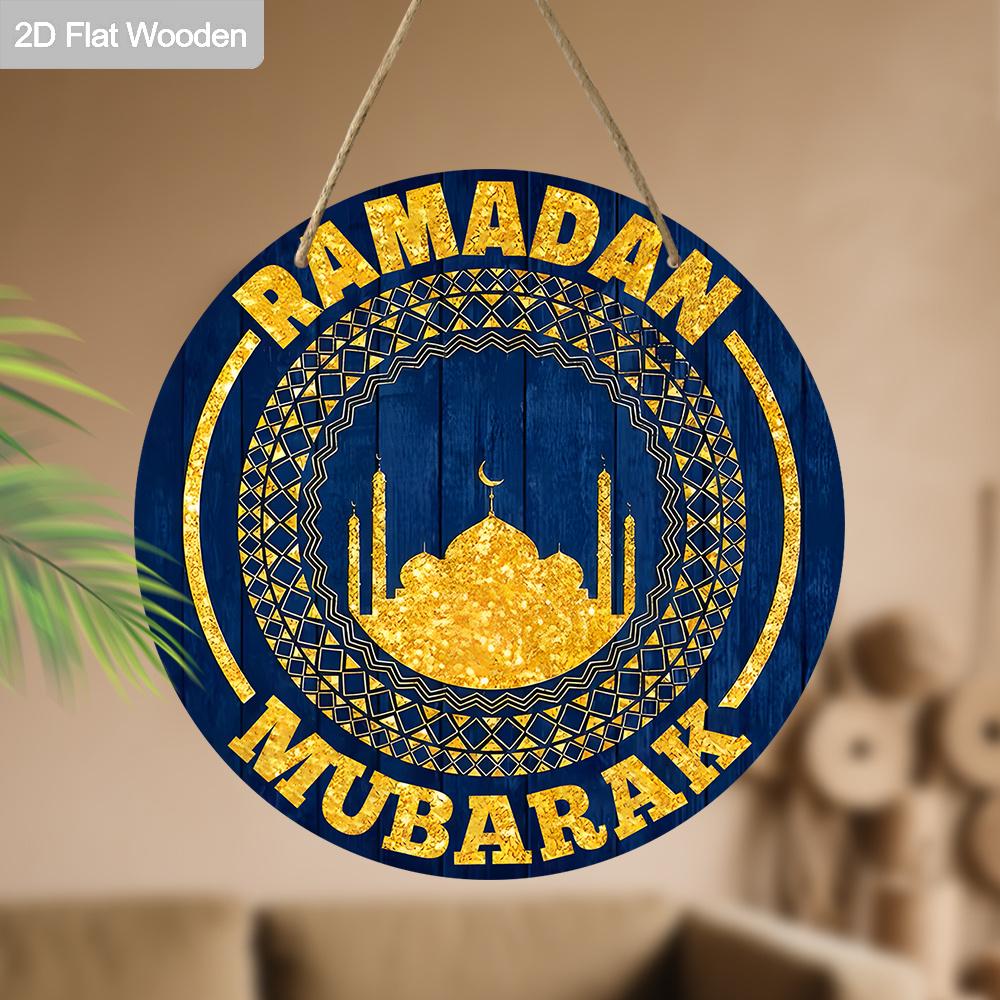 2D Flat Islamic Ramadan Wooden Round Hanging Sign - Islamic Golden Print Art Plaque Decor for Ramadan, Eid, Muslim Home Front Door & Religious Gift