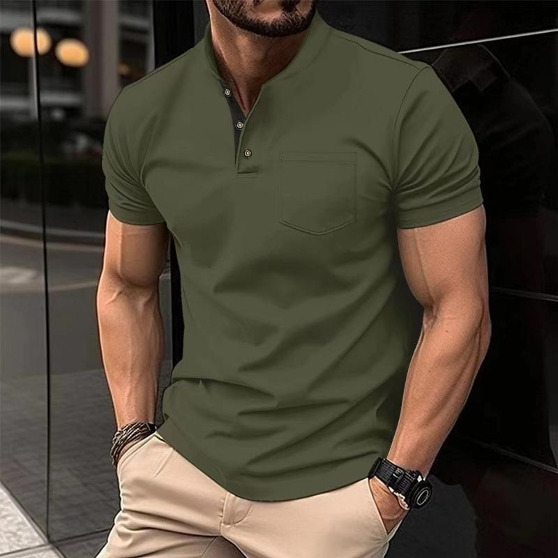 Summer New Foreign Trade Large Size Men's Solid Color Short-sleeved Button-up Pocket T-shirt Polo Shirt