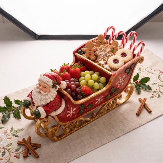 Santa Claus Storage Bowl Sleigh Christmas Table Centerpiece, Multi‑Compartment Candy Fruit Serving Bowl, Festive Tray Tabletop Ornament for