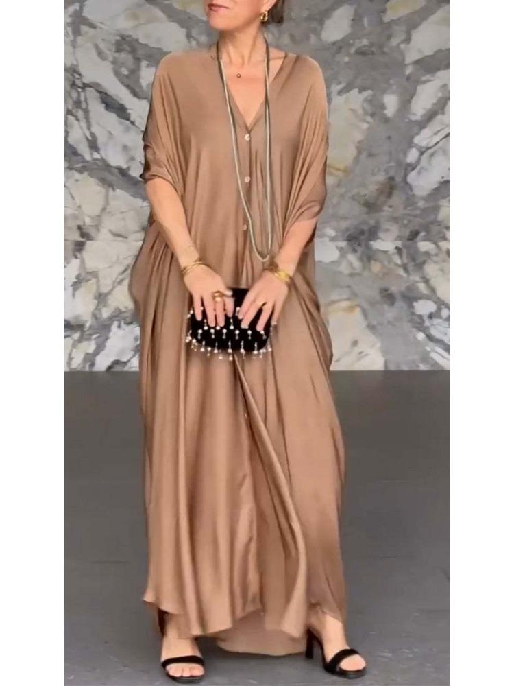 Women's V-neck Batwing-sleeve Satin Loose-fitting Casual Straight-cut Plain-coloured Dress