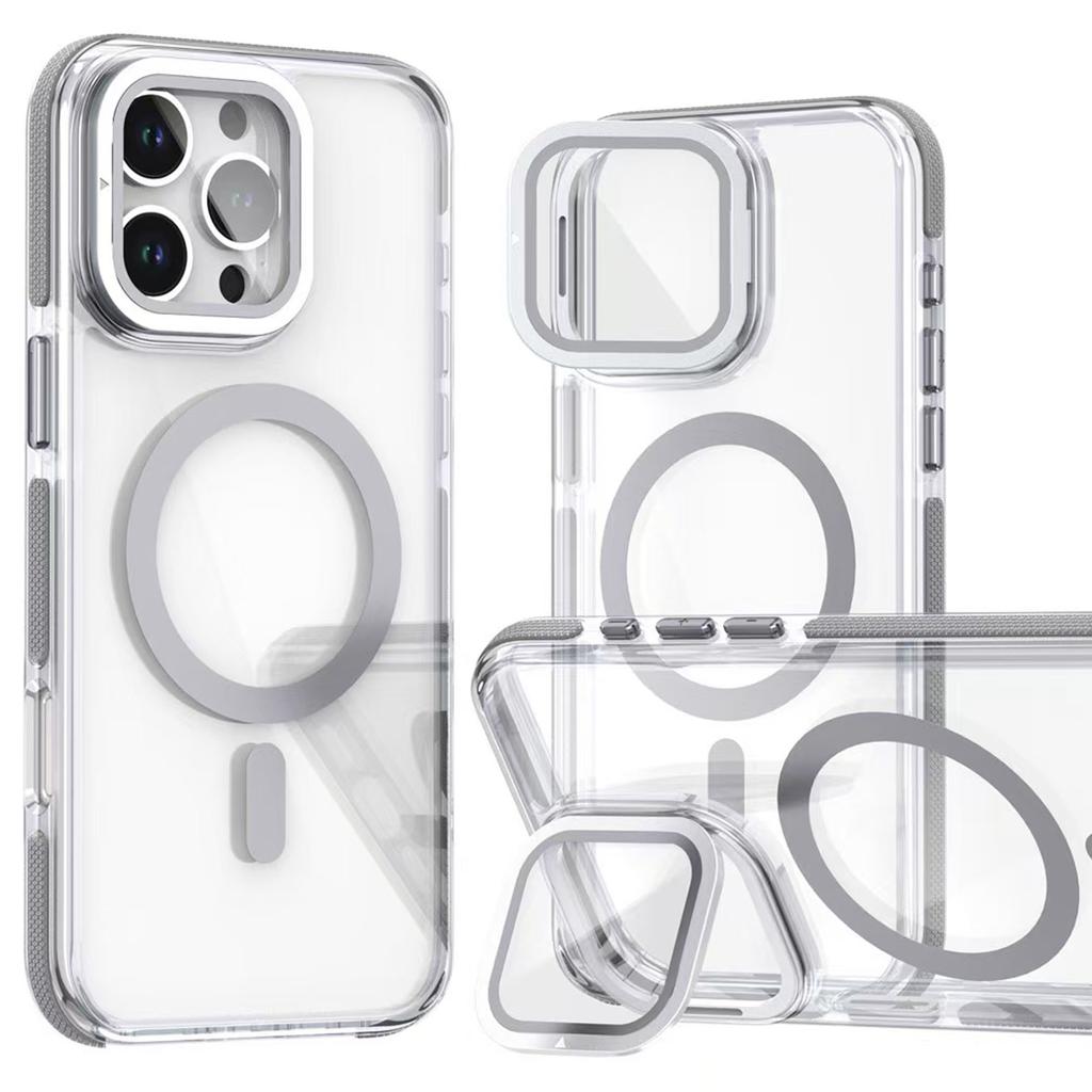 For iPhone 16 Pro Magnetic Case TPU Acrylic Clear Phone Back Cover with Lens Protector Kickstand