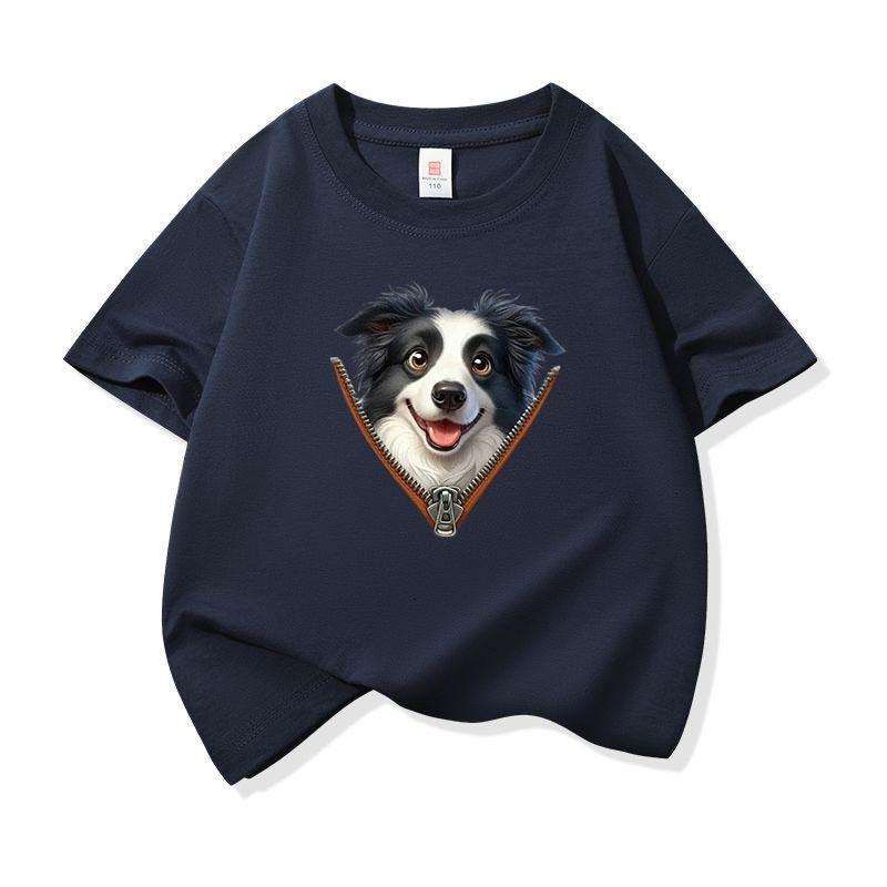 Kids Cotton T Shirt Adorable Collie Dog Zipper Print Crew Neck Short Sleeve Tee Casual Breathable Boys Girls Summer Tops