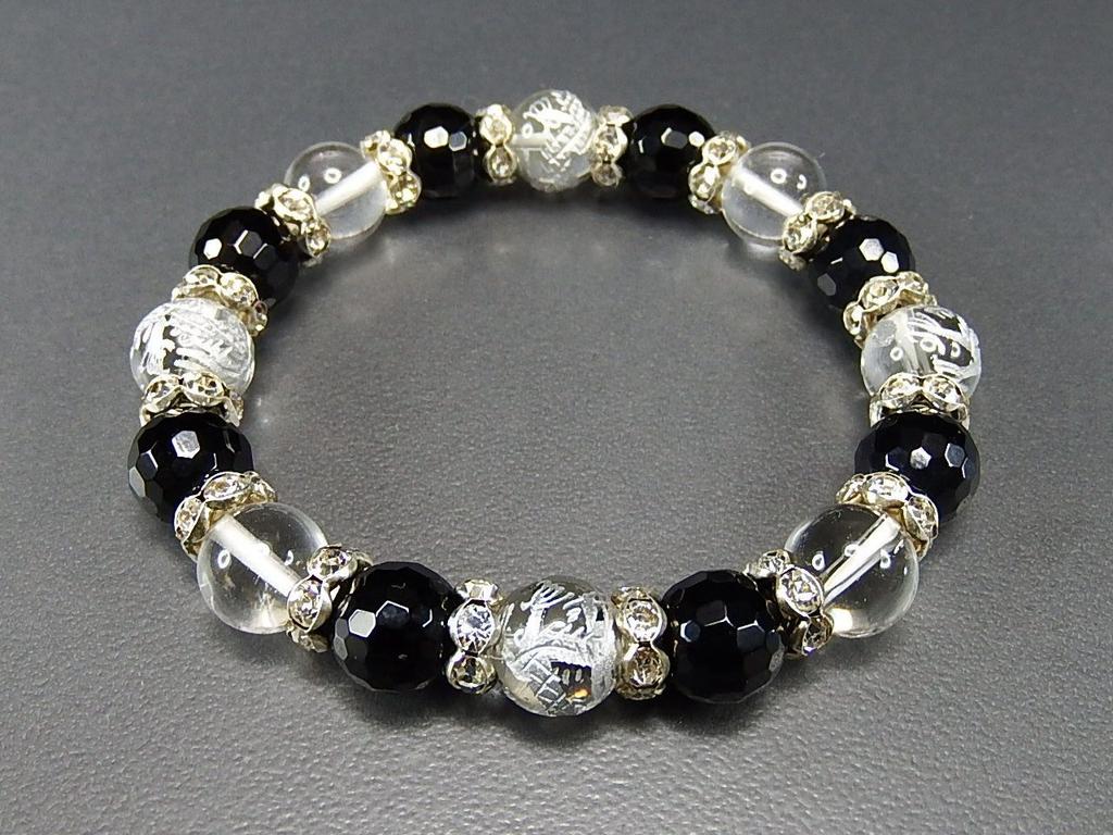 [Sekimachi] Pair of Crystal Bracelets, Wedding Gift, Natural Stone, Good Luck, Rising Dragon, Hand-Carved Onyx, 128 Facets, 10mm and 12mm, Prayer