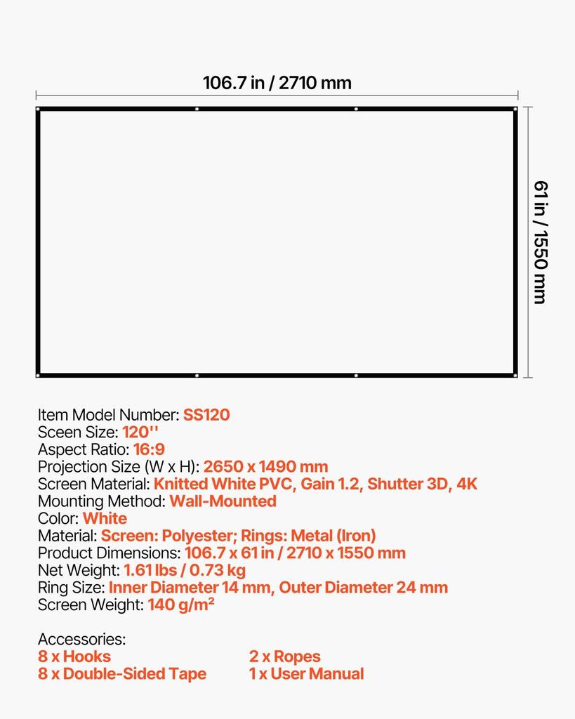 Projector Screen, 3048 mm 16:9 4K 1080 HD Projection Screen, Wall Mounted Projection Dispaly Projector with 8 Hooks and Double-Sided Tapes, Portable
