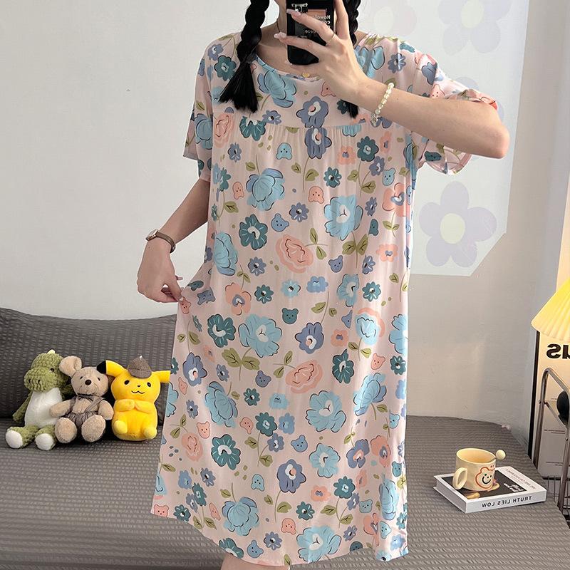 Cotton and Silk Nightgown Women's Spring, Summer and Autumn Casual Short-sleeved Large-size Printed Pajamas Summer Thin High-end Sensitive Cotton Whol