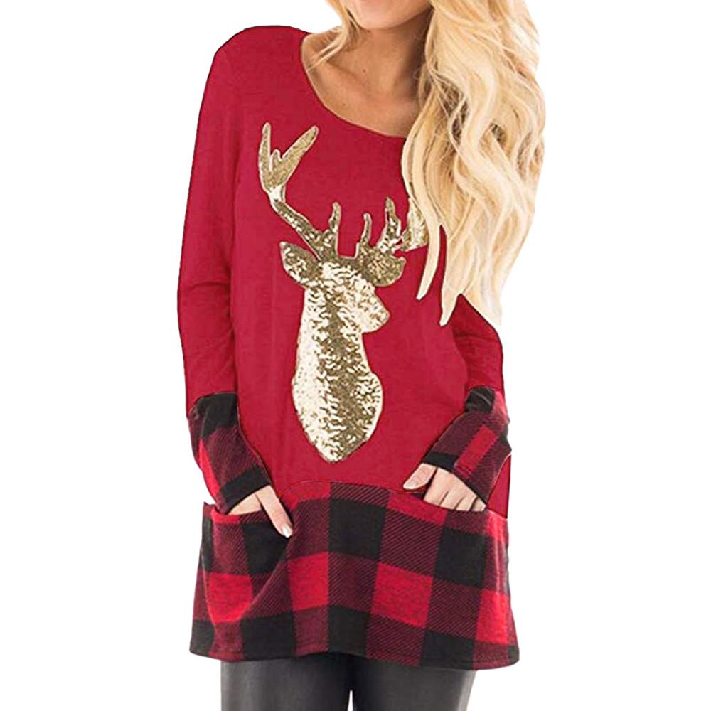 Womens Christmas Tops Plaid Splice Hem Long Sleeve Cute Tunic Blouse