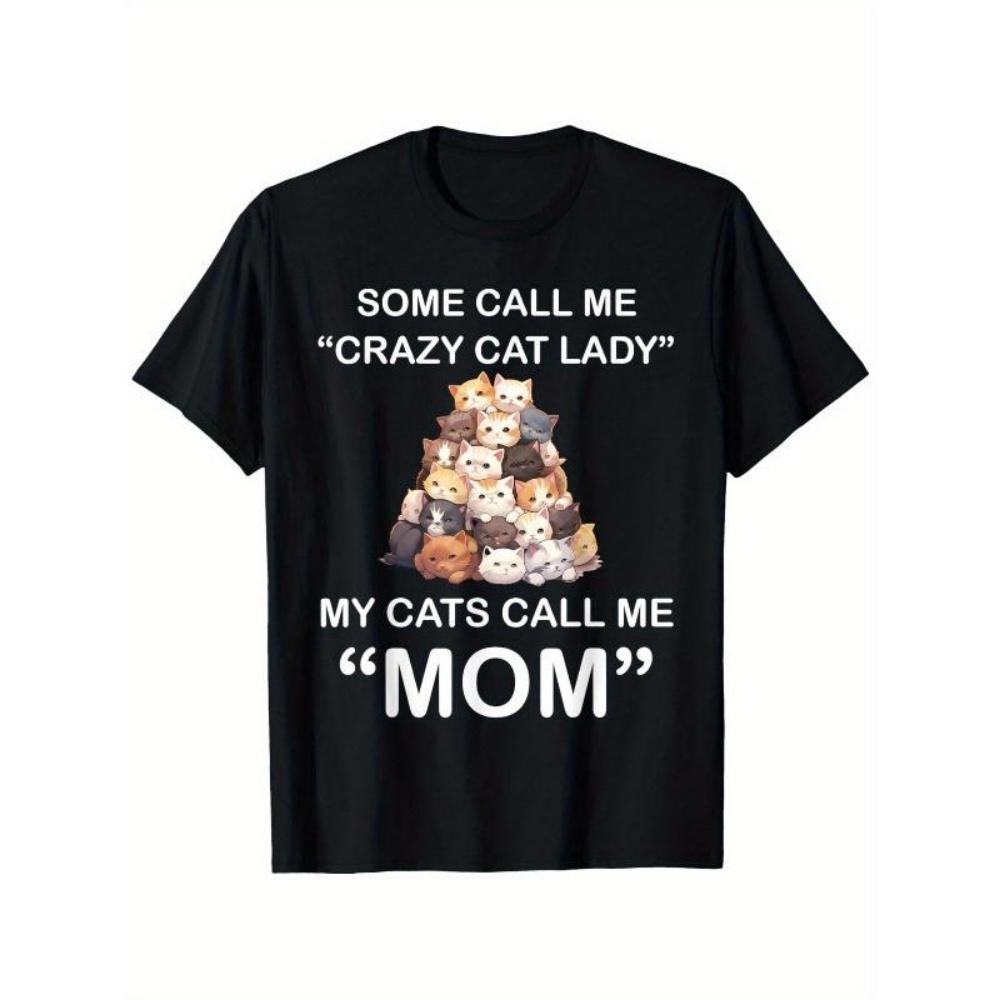 

European Sizes Funny Cat T-Shirt for Men - _Crazy Cat Lady_ Design, Black, Short-Sleeve, Round Neck, Regular Fit S чёрный