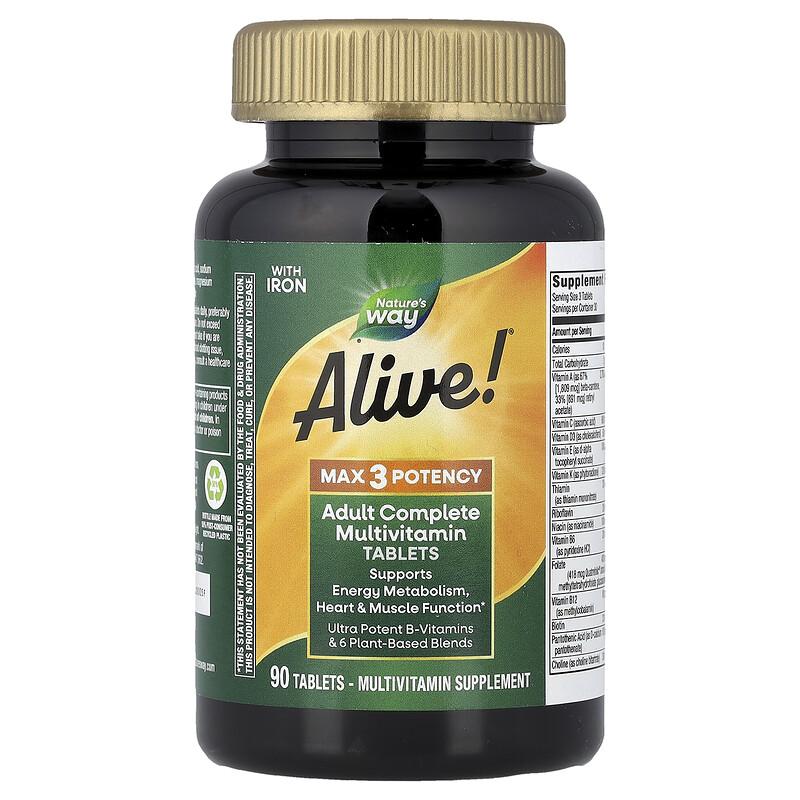 Alive!® Max3 Potency, Adult Complete Multivitamin, With Iron, 90 Tablets
