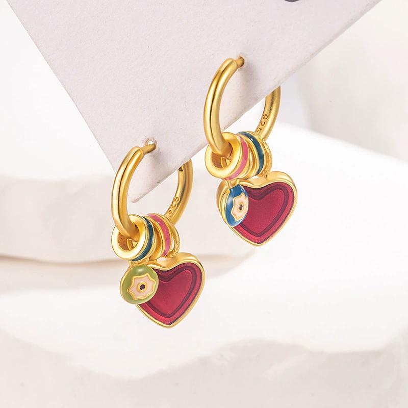 925 Silver Enamel Heart Circle Earrings for Women, Minimalist Design Ear Stud Jewelry Gift золотой