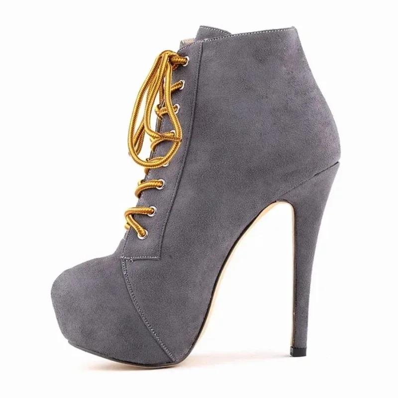 Women Boots Stiletto Autumn Winter Fashion 14cm Sexy Platform Round Toe High Heels Pumps Lace-Up Ankle Flock Shoes Large Size 43