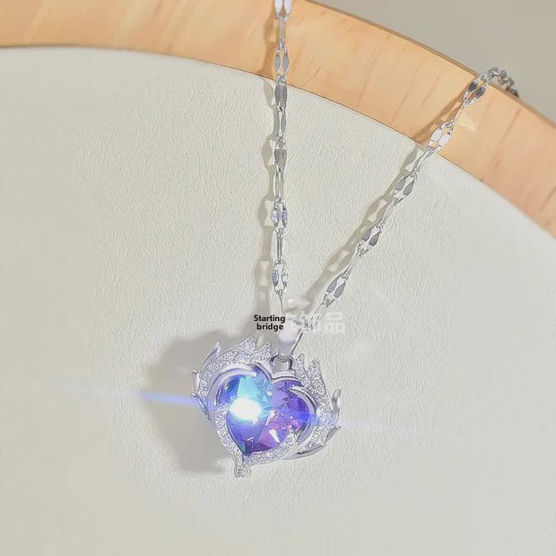 Titanium Steel Ocean Heart Necklace: Women's Light Luxury Colorful Heart Pendant