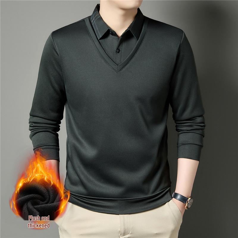 Men's Winter Thickened Velvet Two-Piece Faux Layered POLO Shirt with Warm Lapel - Long Sleeve for Middle-Aged Dad