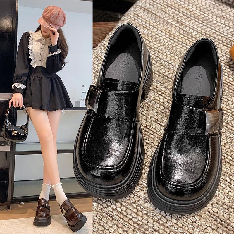 Thick-soled Heightening Small Leather Shoes Women's 2025 Autumn New British Style High-heeled Thick Heel Versatile Skirt Loafer Single Shoes