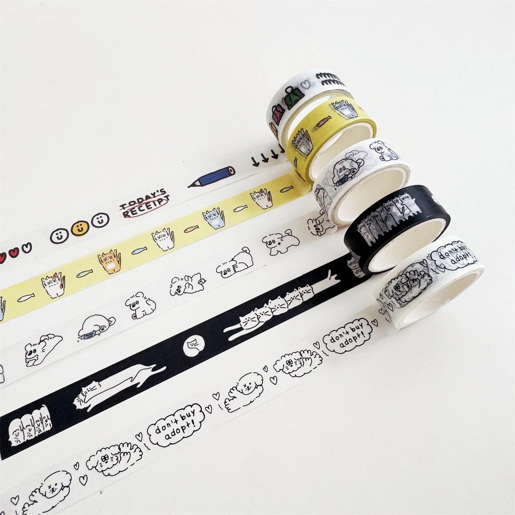 5m Roll Minimalist Animal Washi Tape Korean Aesthetic Hand Drawn Dog Cat Decorative Adhesive Tape for Journaling Supplies