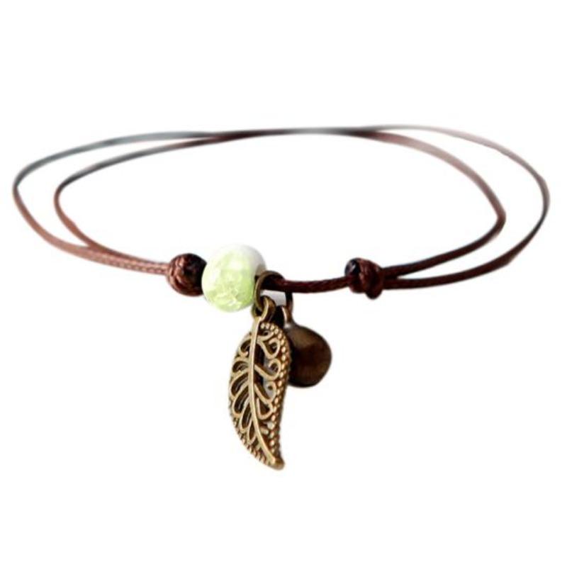 Vintage Nature-Inspired Ceramic Bead Bracelet with Leaf Pendant for Couples