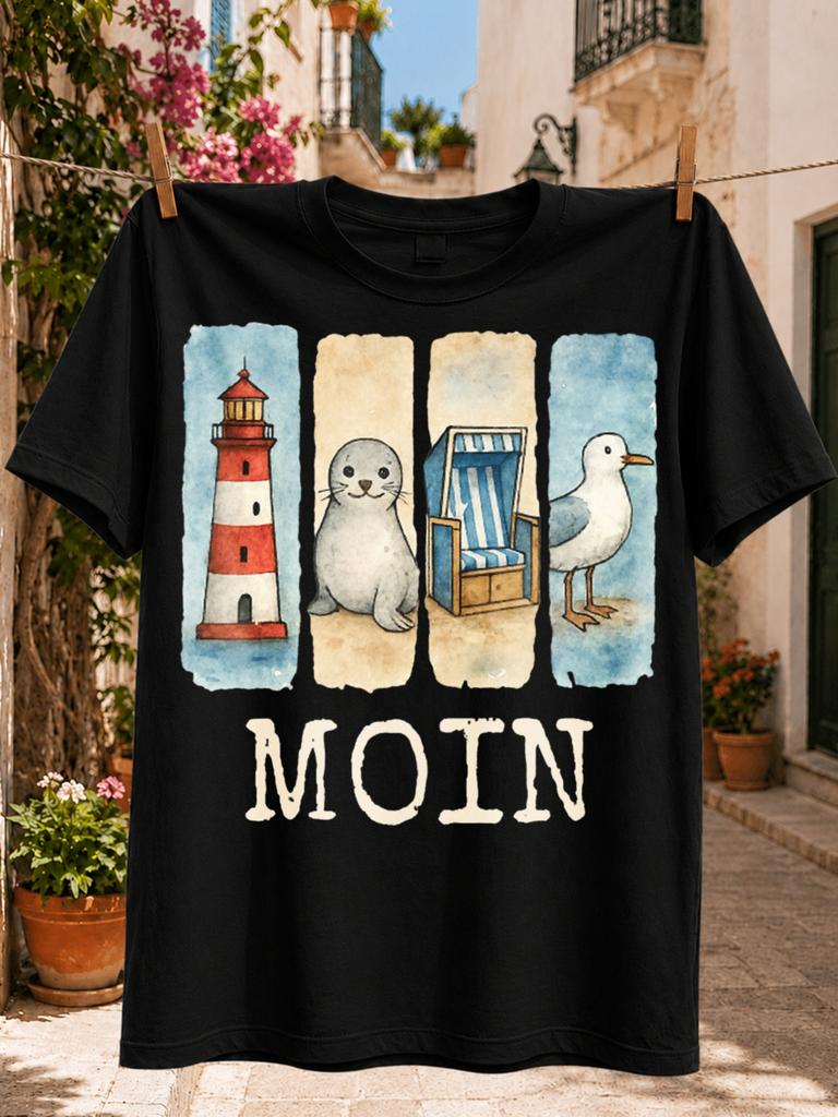Moin Coastal Four Watercolor Panels Featuring Lighthouse Seal Beach And Seagull By The North Sea Unisex All Tshirt