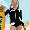 Girls High Neck Long Sleeve Front Zip One Piece Swimsuit Black White Geometric Printed
