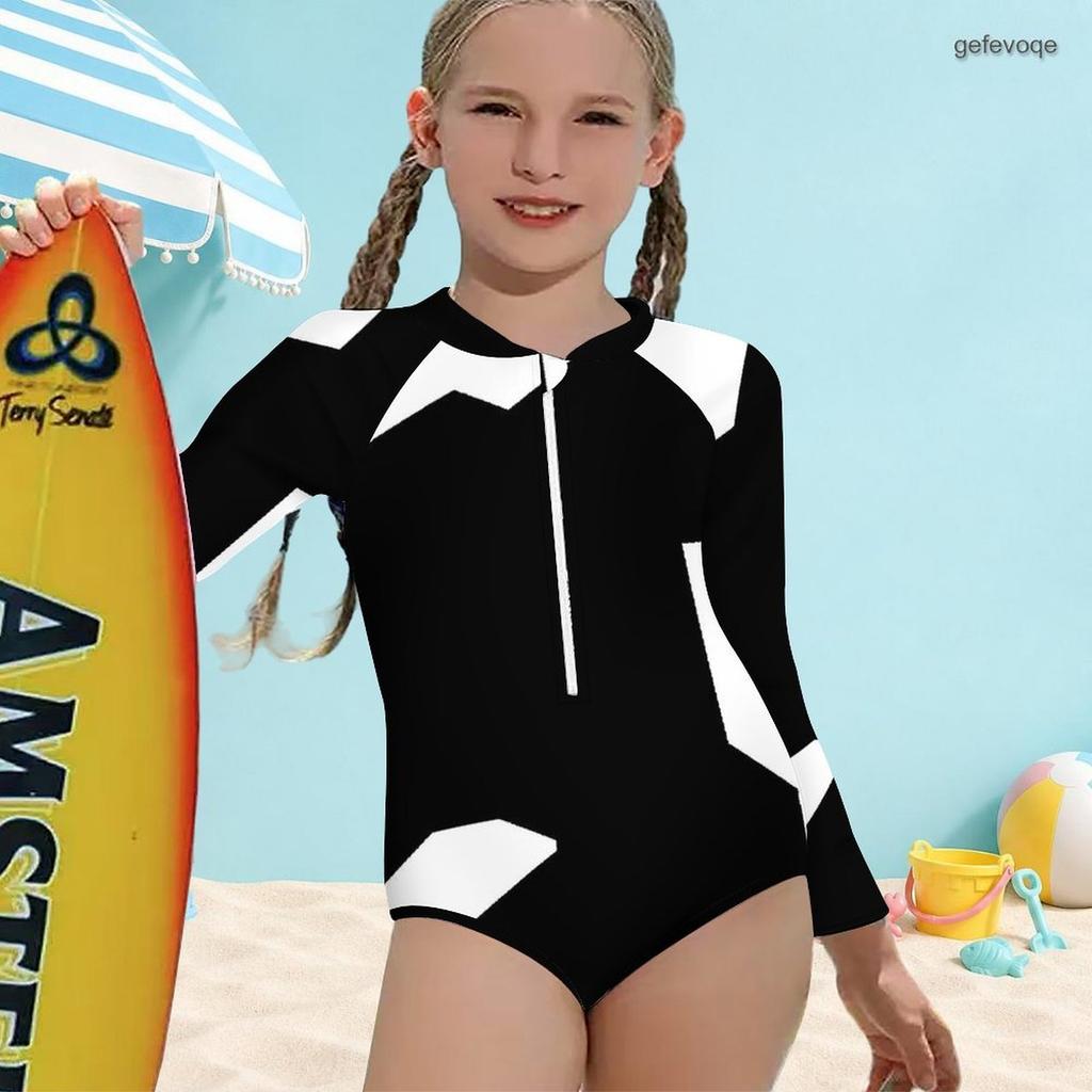 Girls High Neck Long Sleeve Front Zip One Piece Swimsuit Black White Geometric Printed