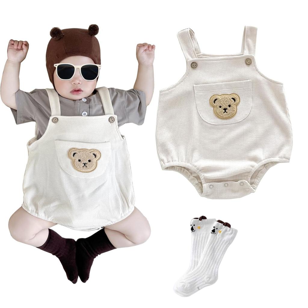 Waffle Rompers Overalls Baby Bear Patch Pockets Baby Cotton Overalls Clothes Coveralls Nursery School Baby Shower Brothers Sisters Summer Clothes
