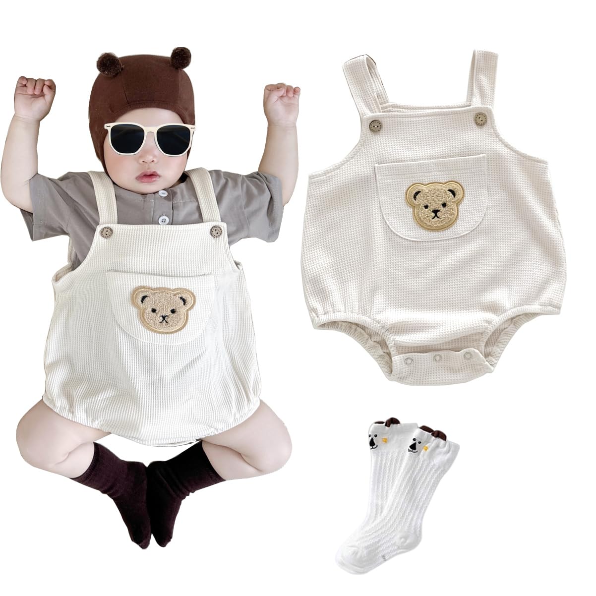 

Вафельные ромперы комбинезоны нашивка с детским мишкой накладные карманы детский хлопковый комбинезон одежда комбинезоны детский сад детский праздник для братьев сестер летняя одежда слоновая кость
