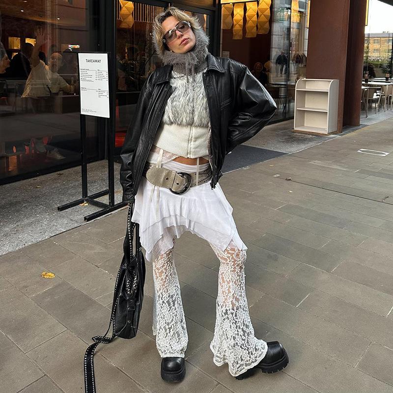 Fashion Design Mesh Stitching Lace Micro-permeable Culottes Women