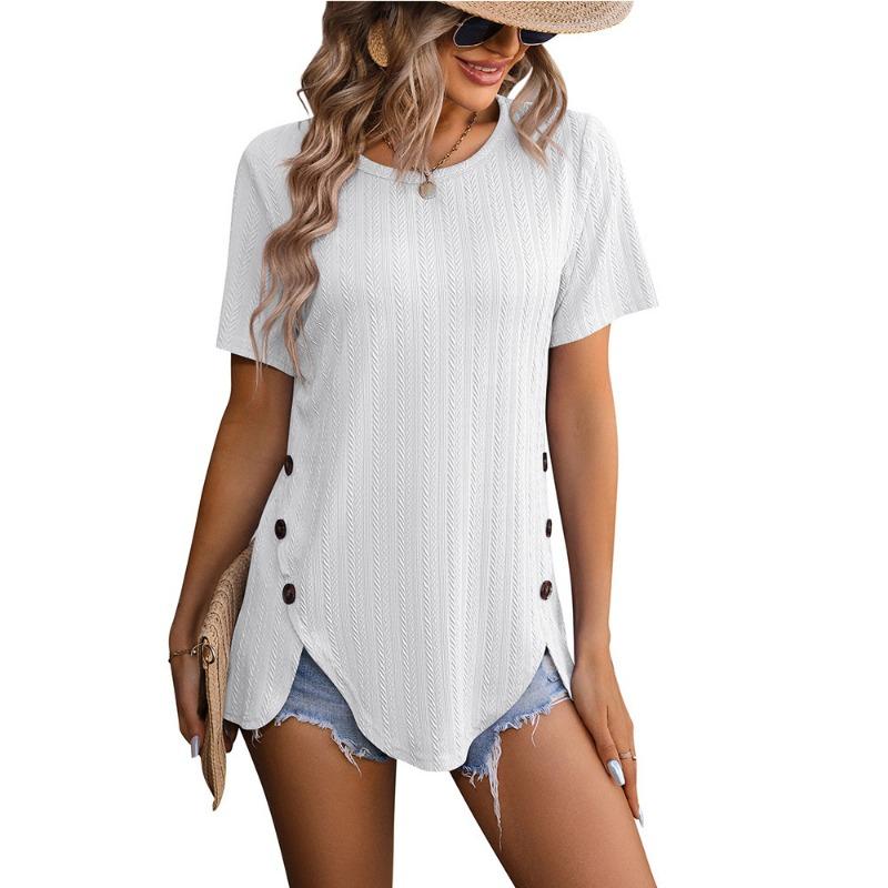 Summer Round Neck Jacquard Blouse Short Sleeve Women Buttons Top Casual Loose Long T-shirt Elegant Fashion Split Female Simple Tee Shirts 341